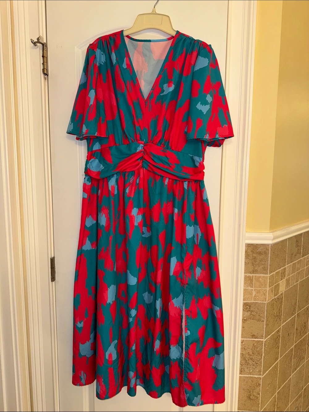 SHEIN Teal, Red & Light Blue Floral-Print Midi Dress